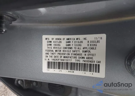 2017 Honda Accord Ex z USA, uszkodzony, nr VIN 1HGCR2F76HA105717